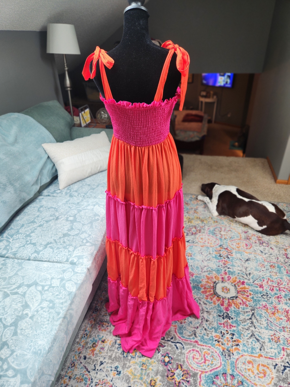 Koko +:Mason Women’s Tiered Smocked Maxi Dress - Pink & Orange Large - Picture 7 of 10